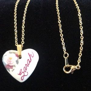 Vintage Ceramic Heart w/ rose and a gold tone necklace.  The name SARAH